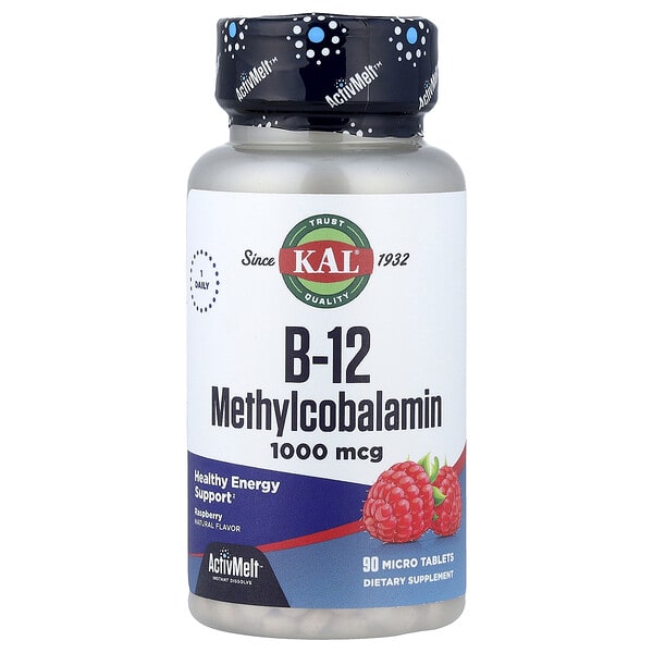 KAL, B-12 Methylcobalamin, бөөрөлзгөнө, 1,000 мкг, 90 Micro шахмал