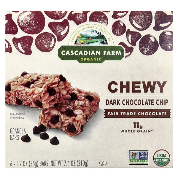 Cascadian Farm, Organic Chewy Granola Bars, Dark Chocolate Chip, 6 Bars, 1.2 oz (35 g) Each
