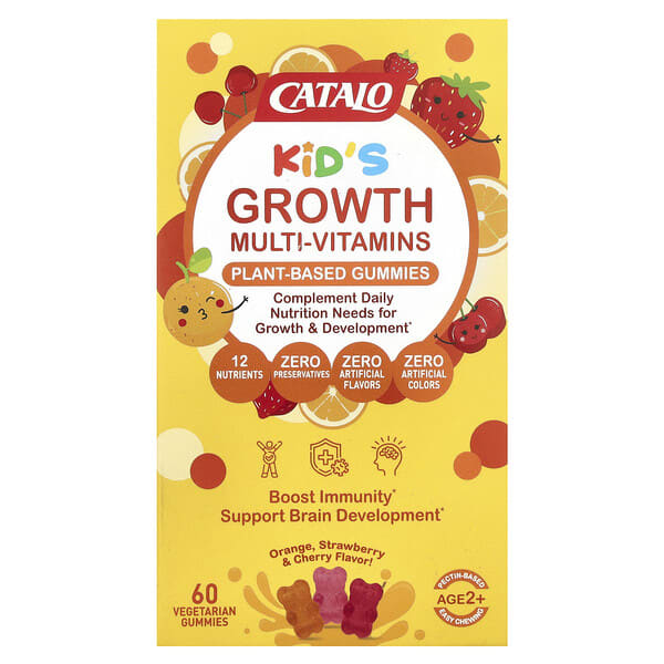 CATALO, Kids Growth Multi-Vitamins, Plant Based Gummies, Age 2+, Orange, Strawberry & Cherry, 60 Vegetarian чихэр
