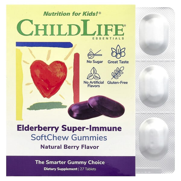ChildLife Essentials, Хүүхдийн, Elderberry Super-Immune SoftChew Gummies, байгалийн жимс, 27 шахмал