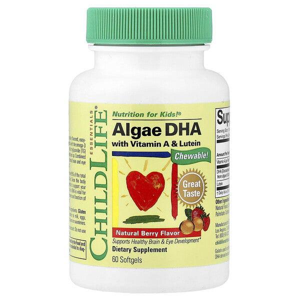 ChildLife Essentials, Algae DHA with Vitamin A & Lutein, байгалийн жимс, 60 зөөлөн капсул