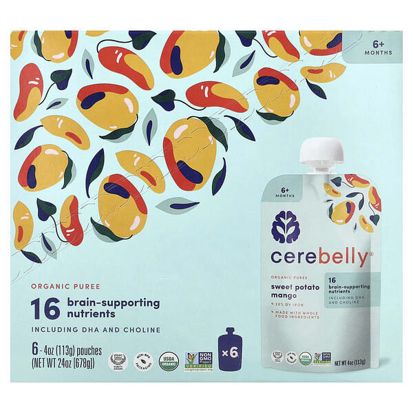 Cerebelly, Organic Puree, 6+ Months, Sweet Potato, Mango, 6 Pouches, 4 oz (113 g) Each