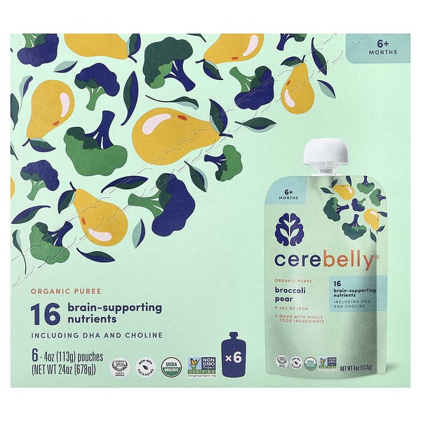 Cerebelly, Organic Puree, 6+ Months, Broccoli, Pear, 6 Pouches, 4 oz (113 g) Each