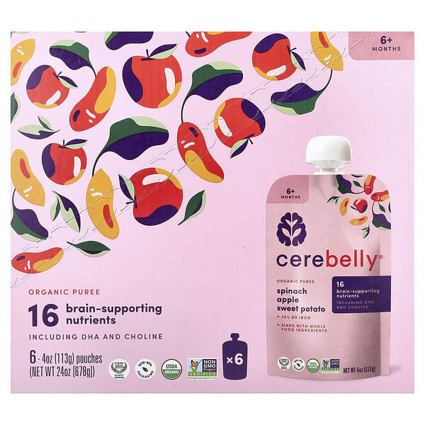 Cerebelly, Organic Puree, 6+ Months, Spinach, Apple, Sweet Potato, 6 Pouches, 4 oz (113 g) Each