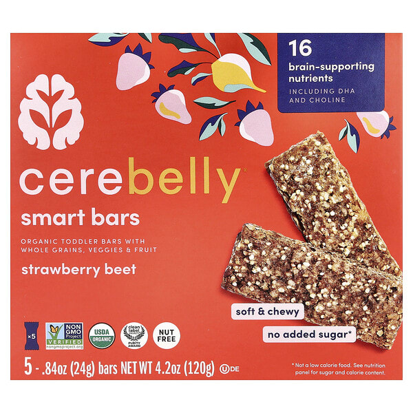 Cerebelly, Smart Bars, Organic Toddler Bars, Strawberry Beet, 5 Bars, 0.84 oz (24 g) Each