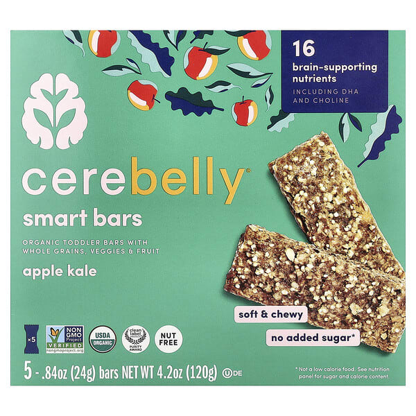 Cerebelly, Smart Bars, Organic Toddler Bars, Apple Kale, 5 Bars, 0.84 oz (24 g) Each