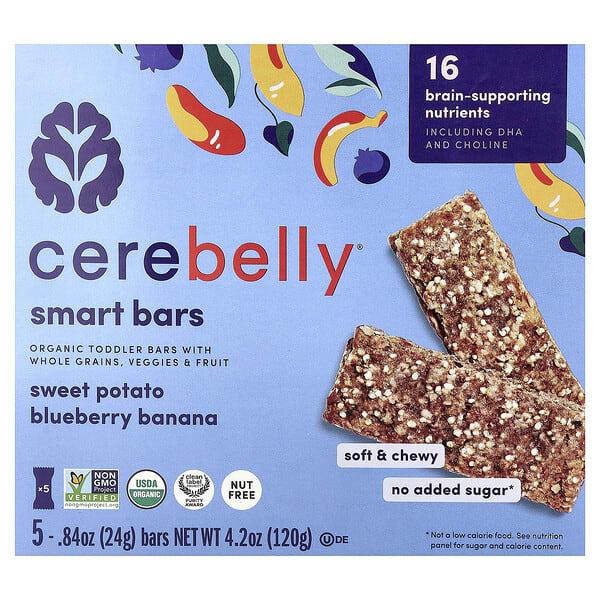 Cerebelly, Smart Bars, Organic Toddler Bars, Sweet Potato Blueberry Banana, 5 Bars, 0.84 oz (24 g) Each