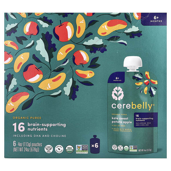 Cerebelly, Organic Puree, 6+ Months, Kale, Sweet Potato, Apple, 6 Pouches, 4 oz (113 g) Each
