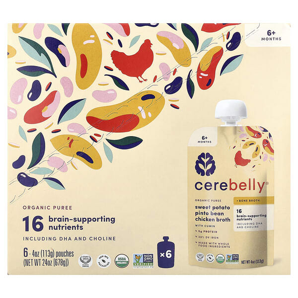 Cerebelly, Organic Puree, 6+ Months, Sweet Potato, Pinto Bean, Chicken Broth with Cumin, 6 Pouches, 4 oz (113 g) Each