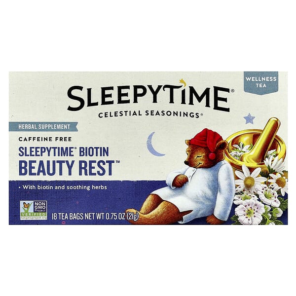 Celestial Seasonings, Wellness Tea, Sleepytime® Biotin Beauty Rest™, Caffeine Free, 18 Tea Bags, 0.75 oz (21 g)
