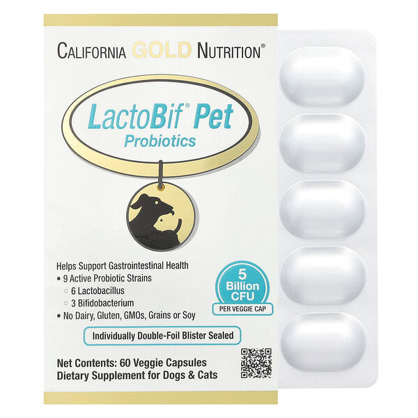 California Gold Nutrition, LactoBif® Pet Пробиотик, 5 тэрбум CFU, 60 ширхэг капсул