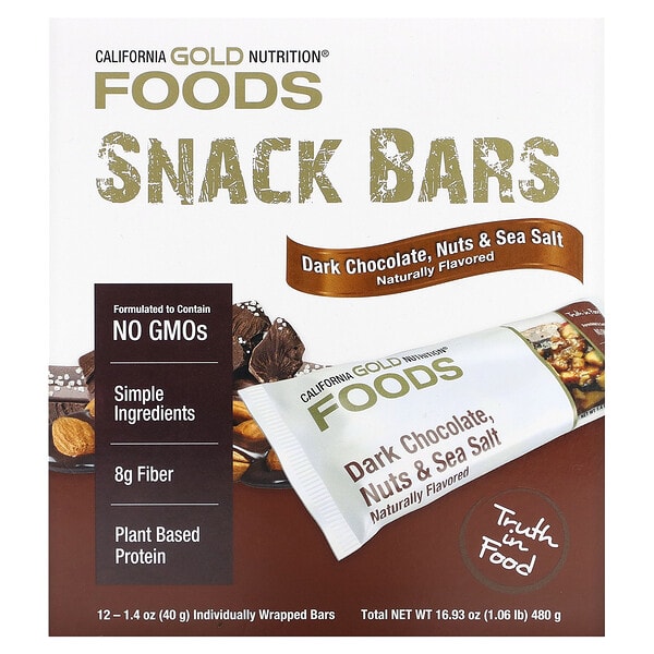 California Gold Nutrition, Foods, Dark Chocolate, Nuts, & Sea Salt Snack Bars, 12 Bars, 1.4 oz (40 g) тус бүр