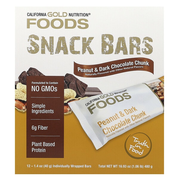California Gold Nutrition, Foods, Peanut & Dark Chocolate Chunk Bars — Dry Roasted Almonds, Chicory үндэс Fiber, Pea Crisps ба Honey, 12 Bars, 1.4 oz (40 g) тус бүр