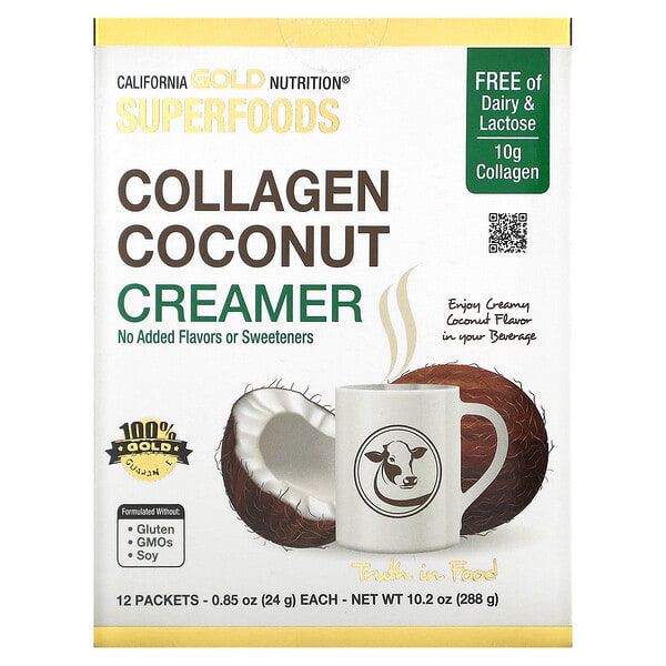 California Gold Nutrition, Superfoods, Коллаген Coconut Creamer — органик Coconut Milk нунтаг, ба Hydrolyzed Коллаген Peptides, Unsweetened, 12 Packets 0.85 oz (24 g) тус бүр
