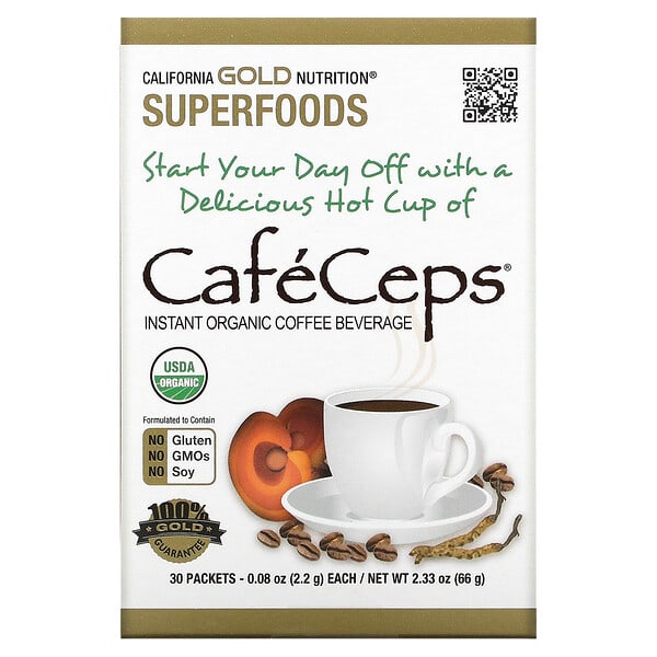 California Gold Nutrition, CafeCeps, баталгаажсан органик Instant Coffee — Cordyceps, ба Reishi Mushroom нунтаг, 30 Packets, 0.08 oz (2.2 g) тус бүр