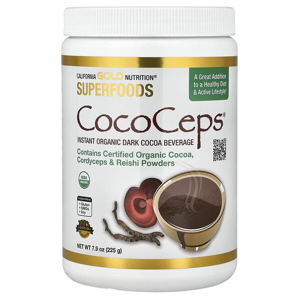California Gold Nutrition, Superfoods, CocoCeps, органик Cocoa, Cordyceps & Reishi, 7.93 oz (225 g)