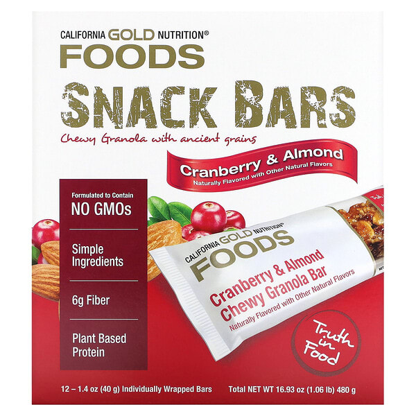 California Gold Nutrition, Foods, клюква & Almond Chewy Granola Bars, 12 Bars, 1.4 oz (40 g) тус бүр