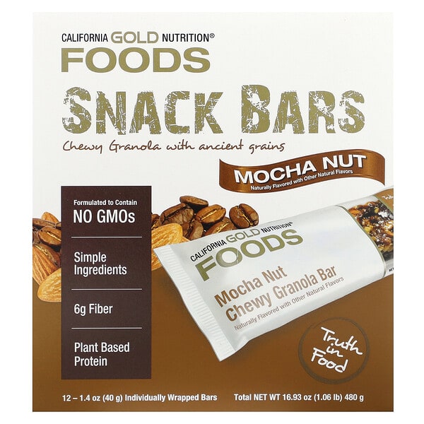 California Gold Nutrition, Foods, Mocha Nut Chewy Granola Bars, 12 Bars, 1.4 oz (40 g) тус бүр