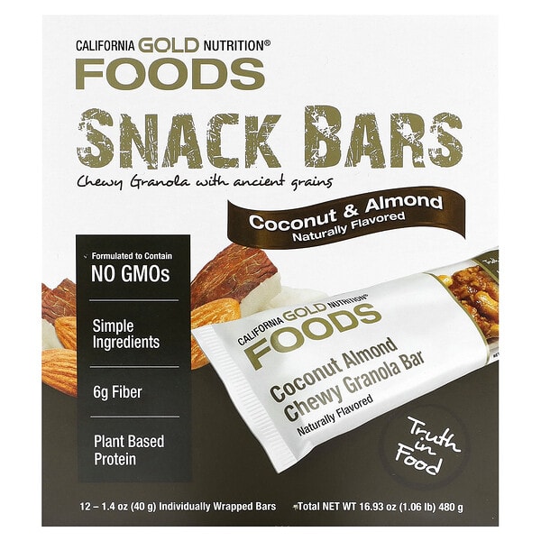 California Gold Nutrition, Foods, Coconut Almond Chewy Granola Bars, 12 Bars, 1.4 oz (40 g) тус бүр