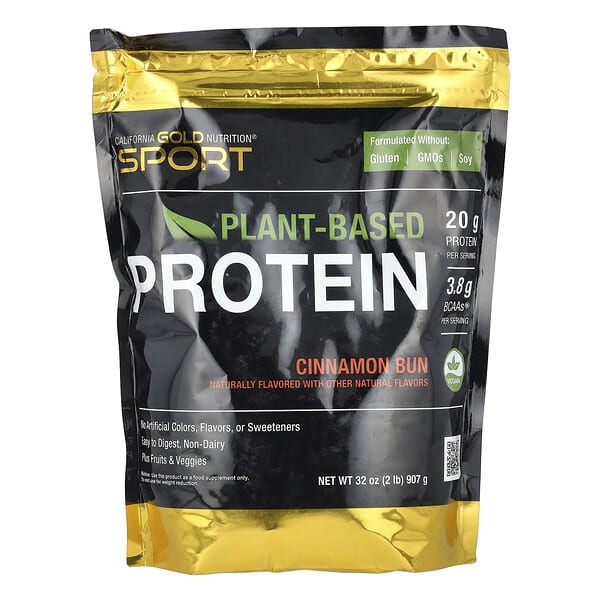 California Gold Nutrition, Sport, Plant-Based уураг — органик Brown Rice уураг өтгөрүүл, Flaxseed, Chia үр, Cinnamon Bun, 2 lb (907 g)