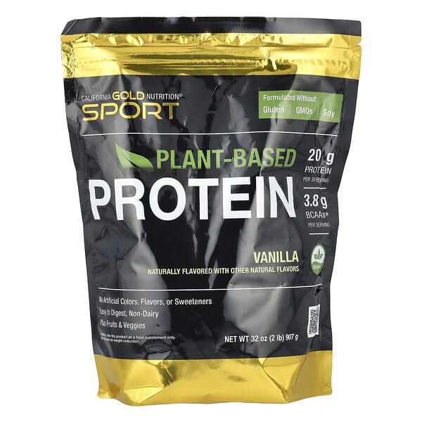 California Gold Nutrition, Sport, Vegan уураг — Pea уургийн изолят ба Brown Rice уураг, Vanilla, 2 lb (907 g)