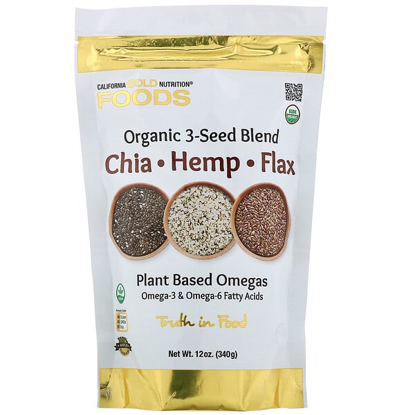 California Gold Nutrition, органик 3-үр холимог, Plant-based Omegas, — Ancient үр of Chia, Hemp ба Flax, 12 oz (340 g)