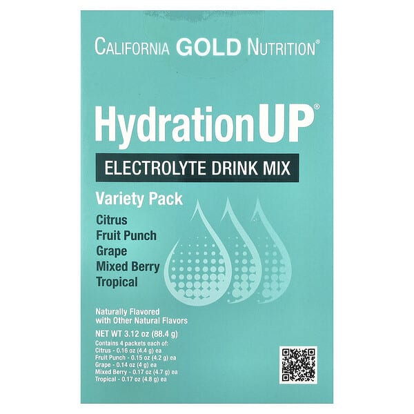 California Gold Nutrition, HydrationUP®, Electrolyte Drink Mix — Кальци Lactate, Витаминs C & E, Variety Pack, 20 Packets, 0.14 oz - 0.17 oz (4 g - 4.8 g) тус бүр