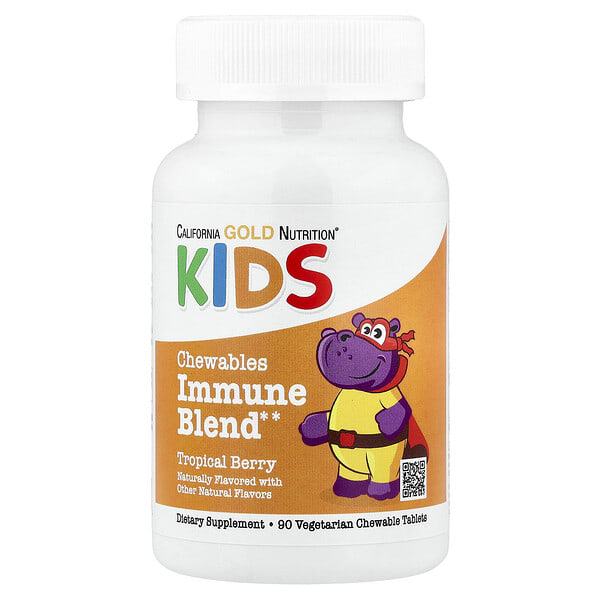 California Gold Nutrition, зажилдаг шахмал Immune холимог — Витамин A, Витамин C, Витамин E, ба Цайр for Хүүхдийн, байгалийн Tropical жимс, 90 Vegetarian шахмал