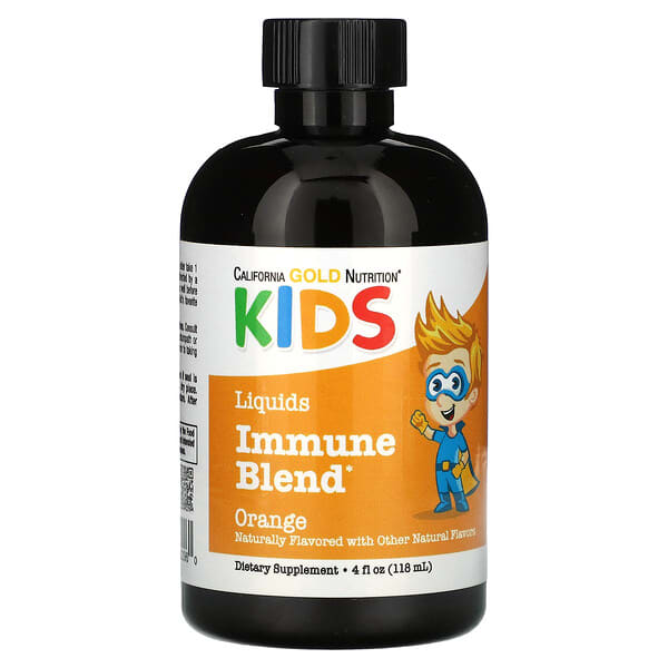California Gold Nutrition, шингэн Immune холимог — Olive навч Extract, St. John's Wort Extract ба Colloidal Silver for Хүүхдийн, No Alcohol, Orange, 4 fl oz (118 ml)