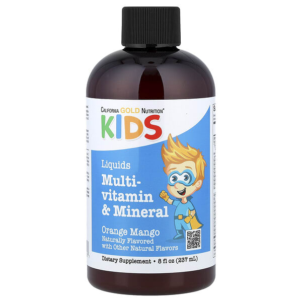 California Gold Nutrition, шингэн Multi-Витамин & Mineral — Кальци, Витамин B12, Витаминs C & D3 for Хүүхдийн, No Alcohol, байгалийн Orange Mango, 8 fl oz (237 ml)