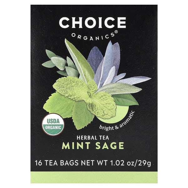 Choice Organics, Herbal Tea, Mint Sage, Caffeine Free, 16 Tea Bags, 1.02 oz (29 g)