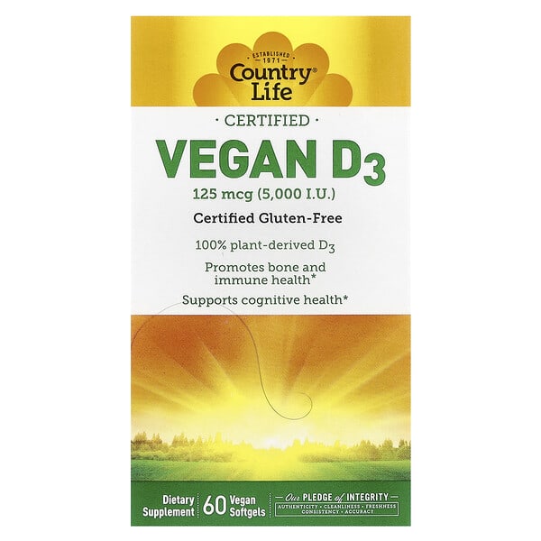 Country Life, Certified Vegan D3, 125 мкг (5, 000 IU), 60 Vegan зөөлөн капсул