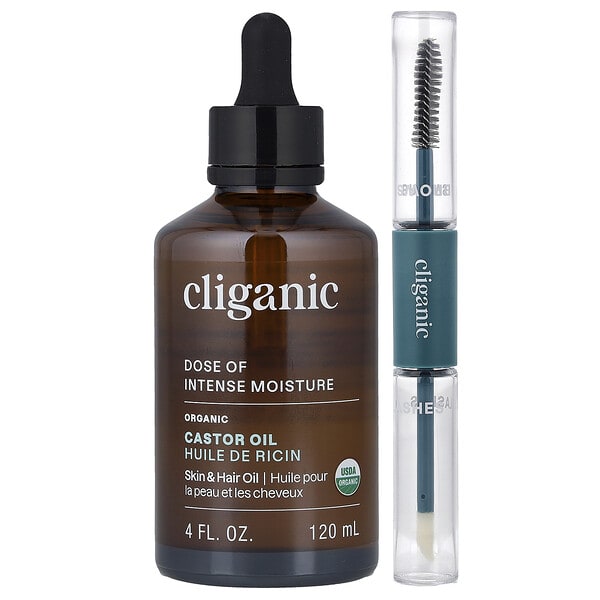 Cliganic, Dose of Intense Moisture™, органик касторын тос, Lash & Brow Set, 4 fl oz (120 ml)