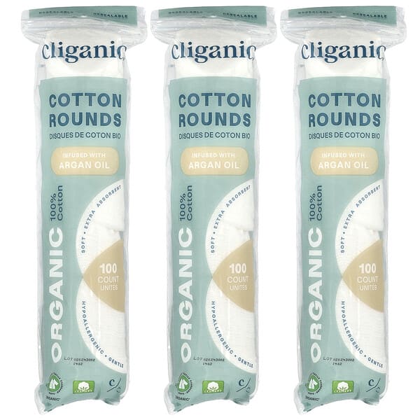 Cliganic, Organic Cotton Rounds Infused With Argan Oil, 3 Packs, (100 Cotton Rounds) Each