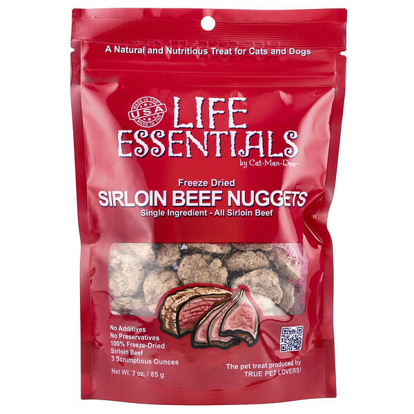 Cat-Man-Doo, Life Essentials, Freeze Dried Sirloin Beef Nuggets, For Cats ба Dogs, 3 oz (85 g)