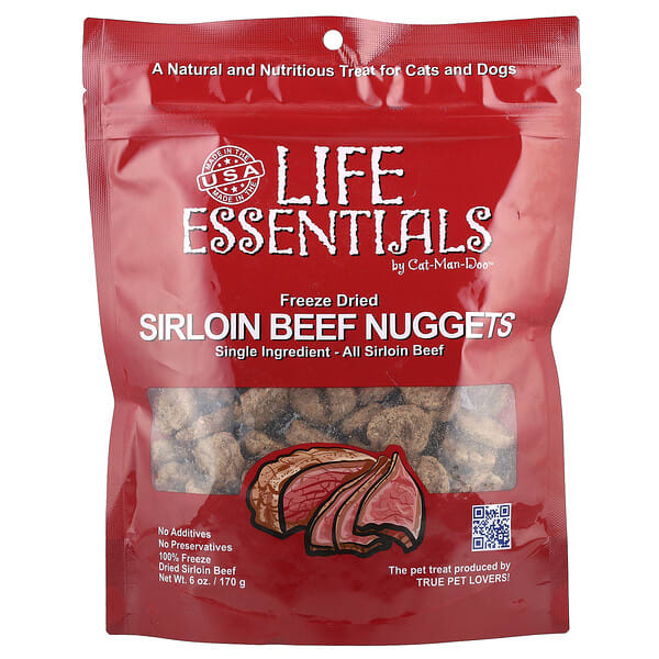 Cat-Man-Doo, Life Essentials, Freeze Dried Sirloin Beef Nuggets, For Cats ба Dogs, 6 oz (170 g)