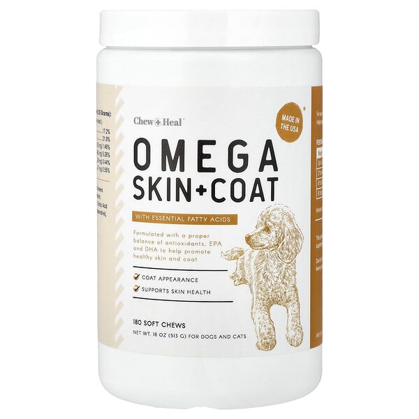 Chew + Heal, Omega Skin + Coat, with Essential Fatty Acids, For Dogs ба Cats, 180 Soft Chew, 18 oz (513 g)