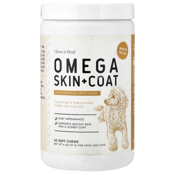 Chew + Heal, Omega Skin + Coat, For Dogs ба Cats, 60 Soft Chews, 6 oz (171 g)