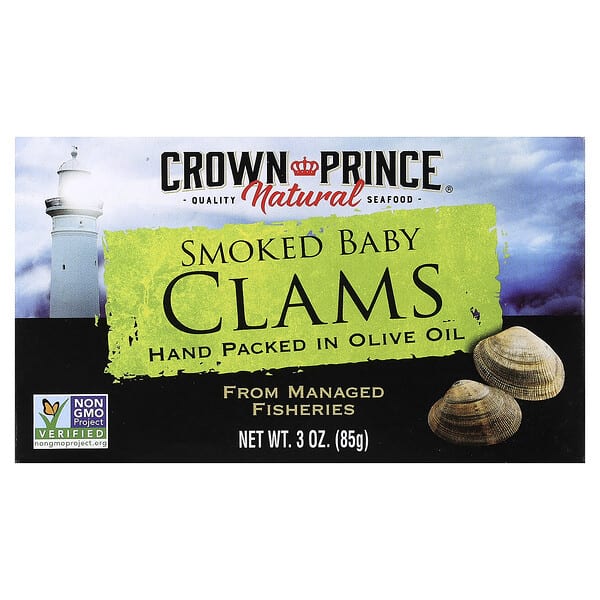 Crown Prince Natural, Smoked Baby Clams, In Olive Oil, 3 oz (85 g)
