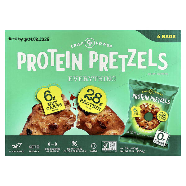 Crisp Power, Protein Pretzels, Everything, 6 Bags, 1.75 oz (50 g) Each