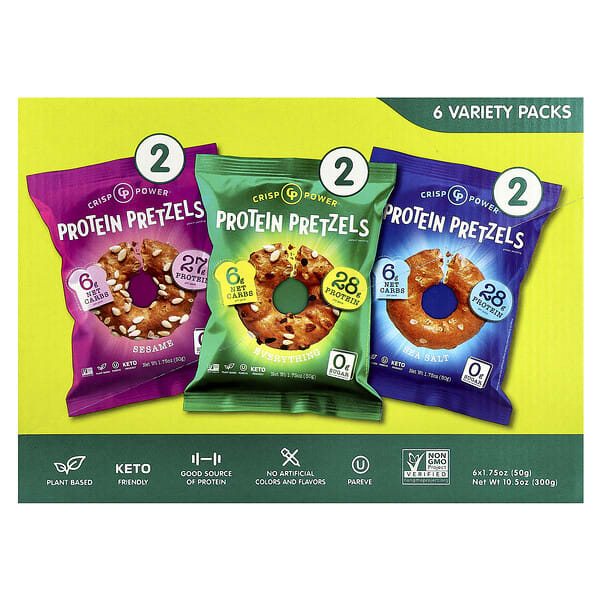 Crisp Power, Protein Pretzels, Variety Pack, 6 Bags, 1.75 oz (50 g) Each