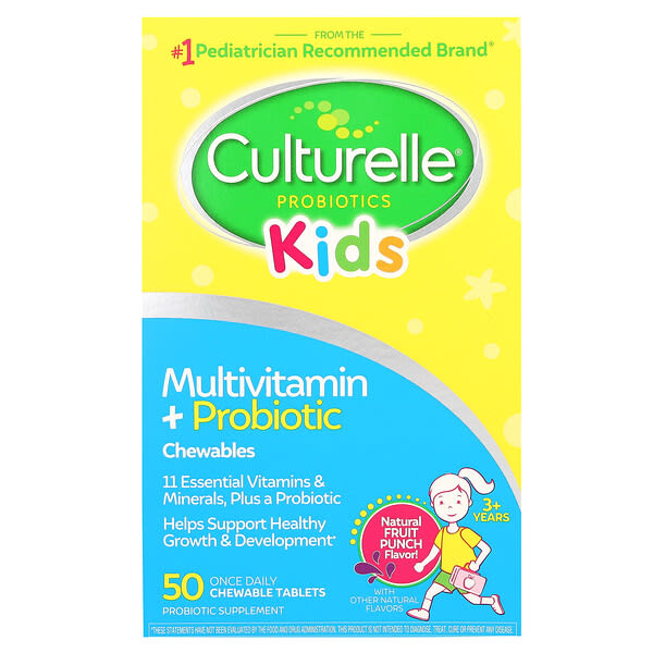 Culturelle, Хүүхдийн, Multivitamin + Probiotic Chewables, 3+ Years, Natural Fruit Punch, 50 зажилдаг шахмал