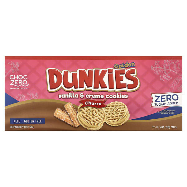 ChocZero, Premium Cookies, Golden Dunkies, Vanilla & Creme Cookies, Churro, 12 Packs, 0.75 oz (21 g) Each
