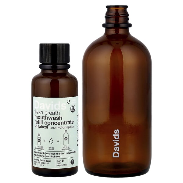 Davids, Fresh Breath Mouthwash Refill Kit, спиртгүй, Natural Fresh Mint, 2 Piece Kit