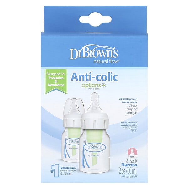 Dr. Brown's, Natural Flow®, Anti-colic Option+™ Baby Bottle, P/0 Months +, 2 Pack, 2 oz (60 ml) Each