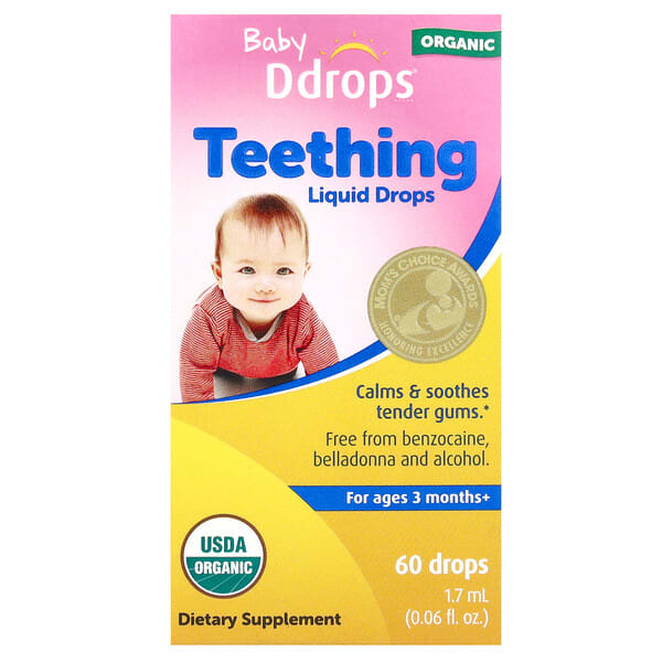 Ddrops, Нярайн, Organic Teething Liquid Drops, For Ages 3 Months+, 60 дусал, 0.06 fl oz (1.7 ml)