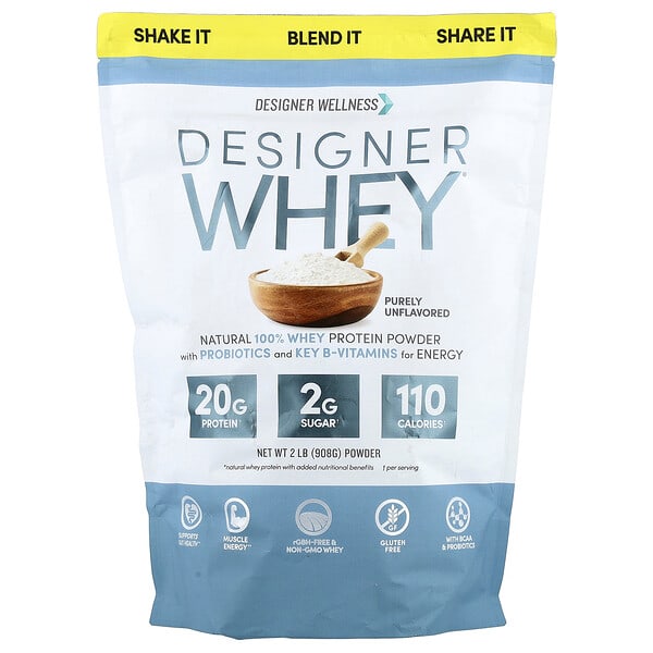 Designer Wellness, Designer Whey®, байгалийн 100% шар сүүний уураг нунтаг, Purely Unflavored, 2 lb (908 g)