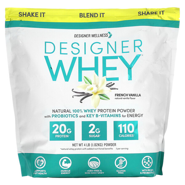 Designer Wellness, Designer Whey, байгалийн 100% шар сүүний уураг нунтаг, French Vanilla, 4 lb (1.82 kg)