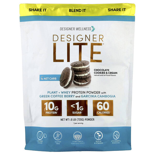 Designer Wellness, Designer Lite®, Plant + Whey Protein Powder, Chocolate Cookies & Cream, 1.6 lb (720 g)