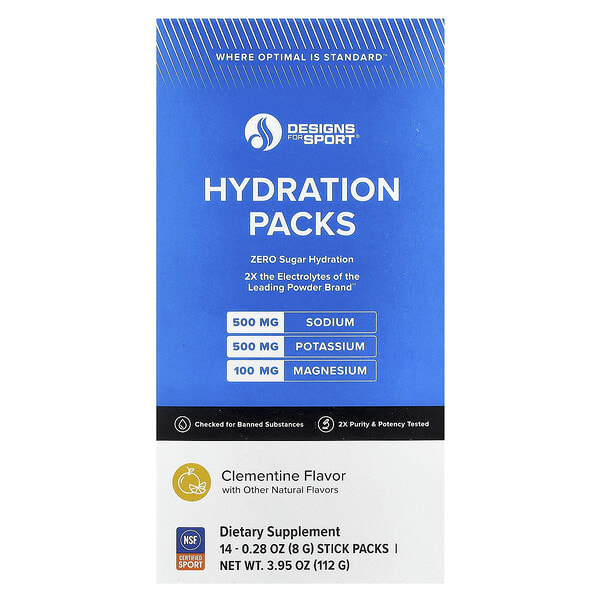 Designs For Health, Designs For Sport®, Hydration Packs, Clementine, 14 савтай нунтаг, 0.28 oz (8 g) тус бүр